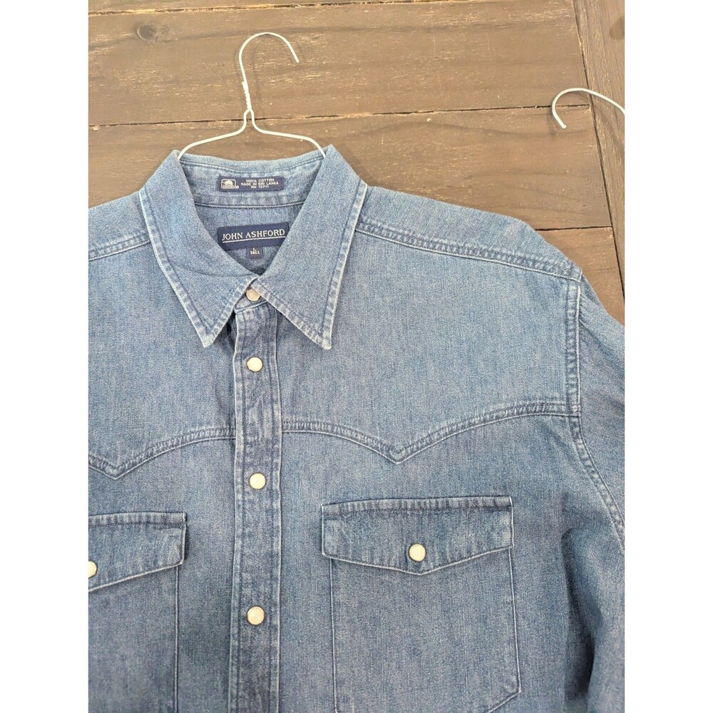 John Ashford Vintage Y2k Mens Denim Pearl Snap Sz L Tall Western Classic Shirt